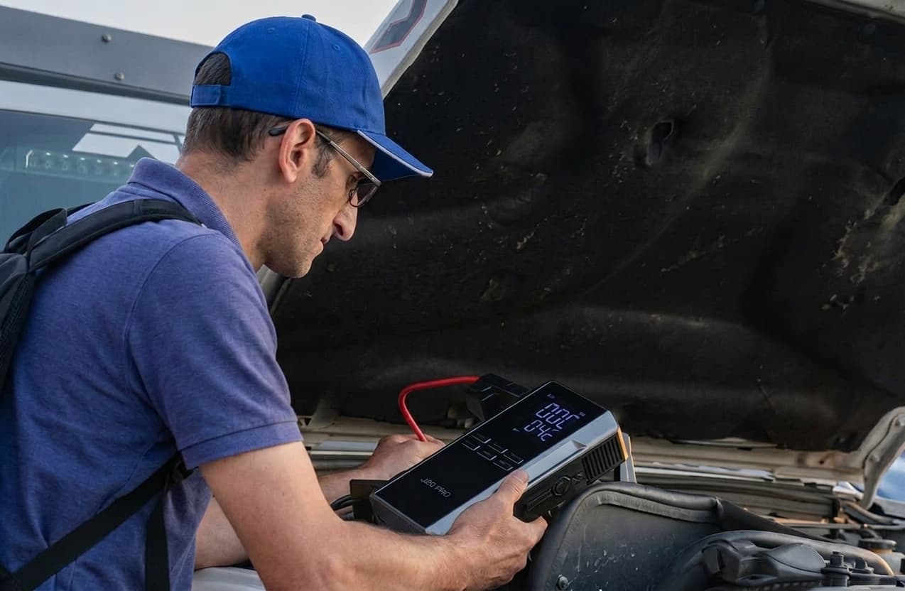Un technicien branche un survolteur portatif sur la batterie d'une voiture, capot ouvert